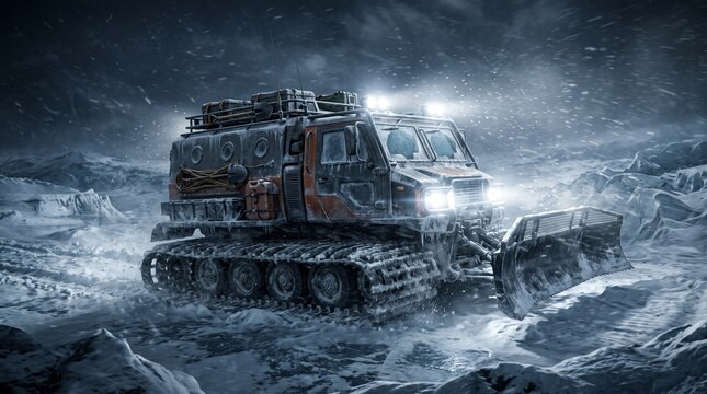 3D Rugged Arctic Expedition Snowcat Navigating Through Severe Blizzard in Frozen Tundra
