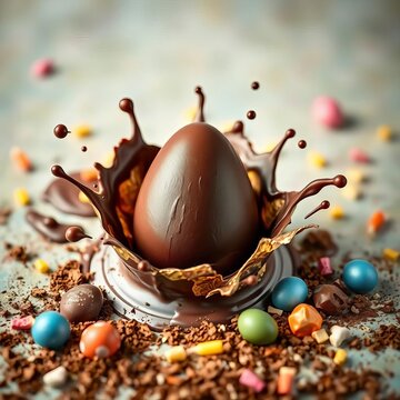 Dark chocolate Easter egg splashes on a tasteful Easter background, with golden wrapper and scattered candy pieces, gold, ||background