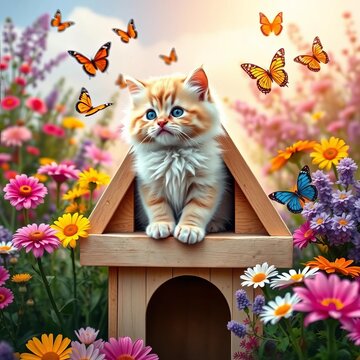 Fluffy cat sitting on dog house surrounded by colorful flowers and fluttering butterflies, cute, outdoors