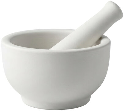 White ceramic mortar and pestle set.