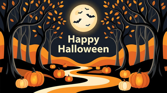 Happy halloween pixel art greeting card with full moon and pumpkins
