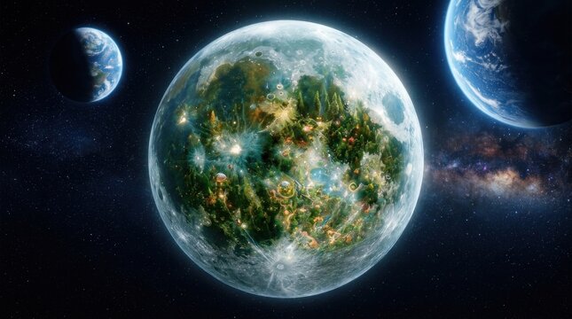 Futuristic Earth-like planets in outer space with stars and galaxy backdrop