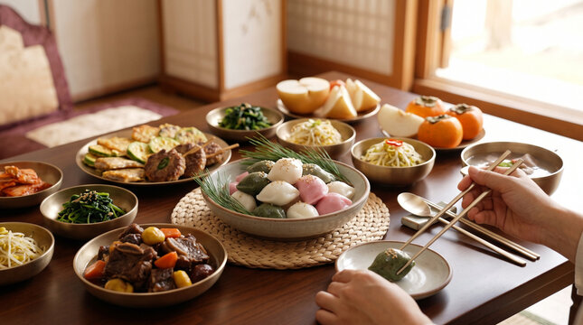 Chuseok celebration with Korean food songpyeon, galbijjim, banchan, orange