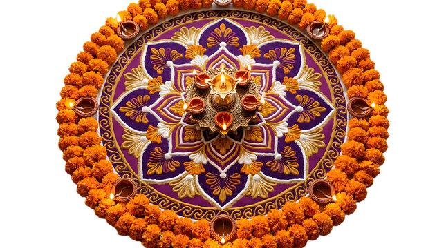Beautiful circular rangoli with purple pattern, marigold flowers, and lit oil lamps isolated on transparent background