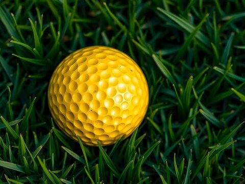 Golden golf ball at high angle view on lush green grass, fun, leisure