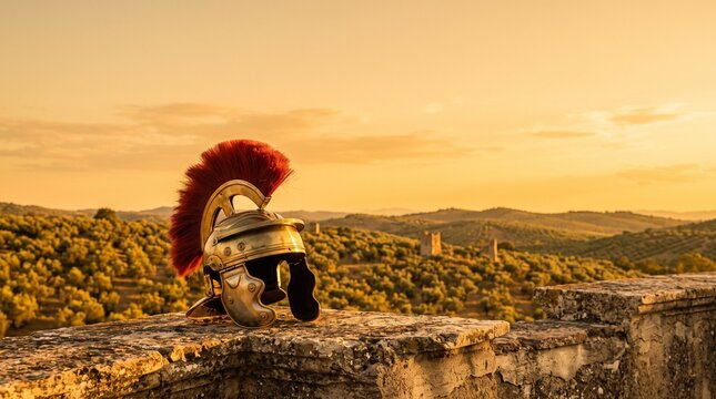 Ancient Roman Centurion Helmet Red Crest Sunset Hill View