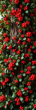 Intricate holly patterns unfurl from the Christmas tree's trunk, surrounded by mistletoe, trunk, mistletoe