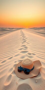 Sandy dunes stretch to the horizon, with sunglasses and hat nestled among them, serene, hat