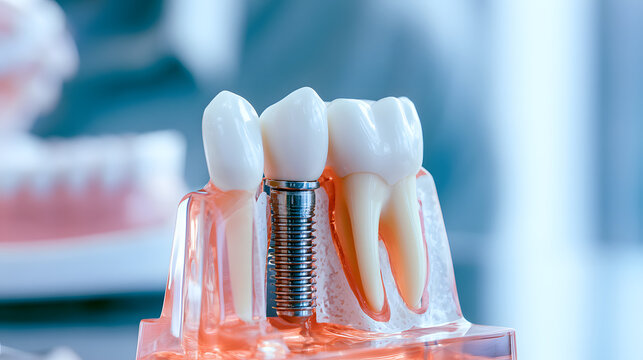 A dental implant model featuring crown and abutment