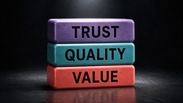 Three stacked colorful blocks displaying words trust quality and value over dark textured surface.