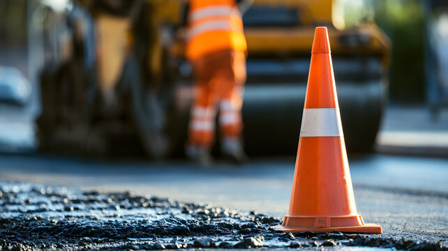 The road construction worker uses a roller to level the asphalt and positions traffic cones while a fresh black road surface is visible in the blurred background, conveying ongoing infrastructure rene