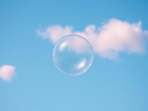 Soft, pastel-hued soap bubble floats gently across the dreamy blue sky, accompanied by a few pink clouds, soap, blue