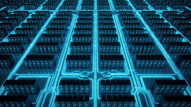 Data Center Grid: A vast, glowing grid of servers in a modern data center, illuminated by electric blue light, representing the heart of digital information and advanced technology.