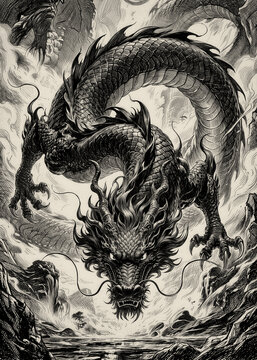 Majestic Coiled Mythical Dragon in the Clouds, Detailed Black and White Drawing