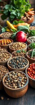 Vibrant arrangement of seeds, nuts, and vegetables in wooden containers on a table, creating a visually appealing display of nature's beauty, natural beauty, nuts