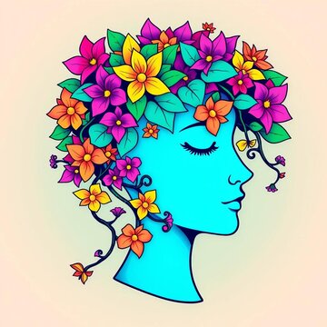 Vibrant floral design featuring a stylized head adorned with a lush vine and star-shaped leaves, whimsical, beauty
