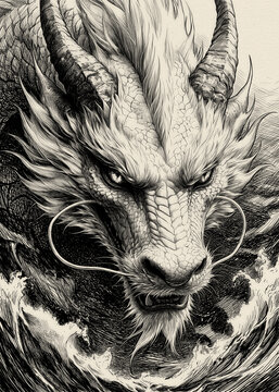 Detailed Close-Up Portrait of a Fierce Asian Dragon, Monochrome Fantasy Illustration