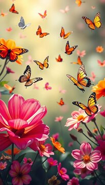 Vibrant petals unfurl amidst fluttering butterflies on a seamless background, bloom, garden