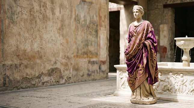 Ancient Roman Marble Statue Woman Toga Courtyard Ruins Sunlight
