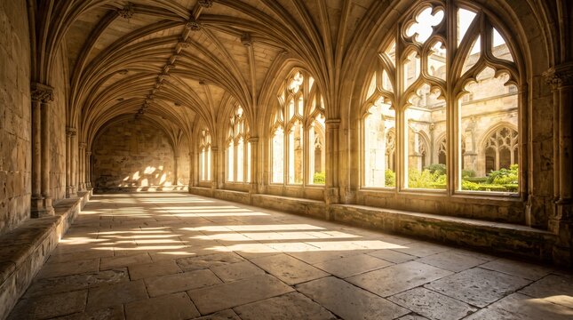 Gothic Cathedral Cloister Hallway Arches Sunlight Interior