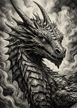 Portrait of a Majestic Dragon Head in Profile, Vintage Monochrome Engraving Style Illustration