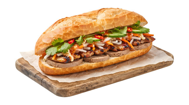 A delicious Vietnamese banh mi sandwich on a wooden board on transparent background