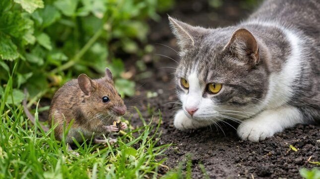 A domestic cat intensely stalking a small field mouse in a garden setting.