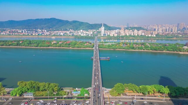 Aerial View of Bridge Over Xiang River at Orange Isle, Changsha, China in Changsha, Hunan, China
