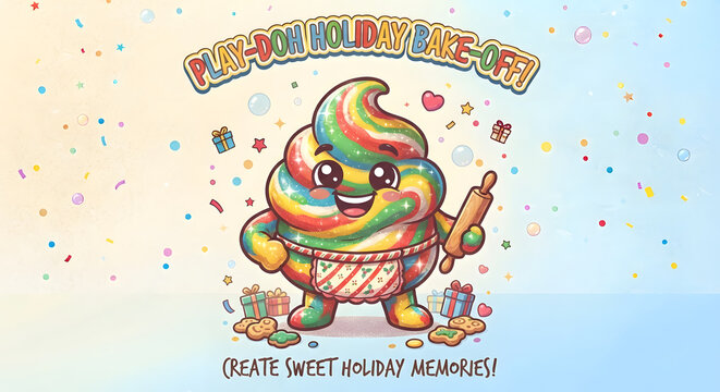 Play-Doh Holiday Bake-Off vector poster featuring a cute marbled rainbow swirl character with an apron and rolling pin surrounded by gifts and cookies, Play-Doh holiday bake-off, create sweet memories