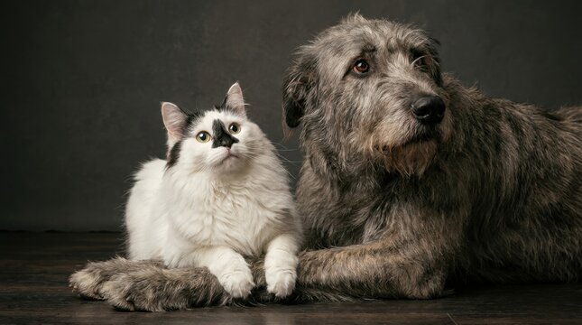 A fluffy white cat and a large Irish Wolfhound dog sitting together indoors.