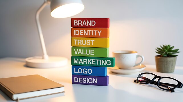 Brand identity concept showing stacked blocks for trust, value, marketing, logo, and design