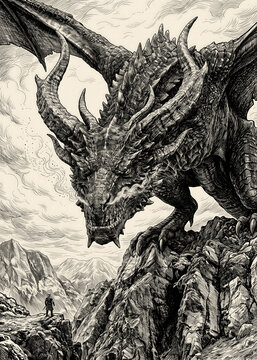 Ominous Horned Dragon Standing on Mountain Peak Vintage Line Art