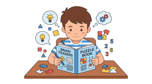 Boy reading puzzle book and solving brain teasers at a desk