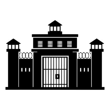 Prison Building with Guard Towers, Barbed Wire Wall and Barred Gate, Black Silhouette for Law, Justice and Criminal Justice Projects