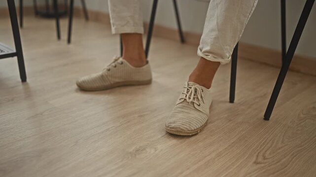 Man sitting with bare ankles and beige sneakers on wooden floor near chair in studio; quiet patience.