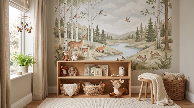 Premium Woodland Nursery Interior with Forest Mural and Warm Neutral Scandinavian Styling