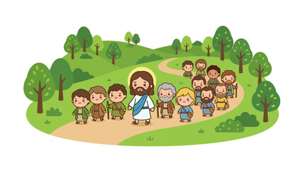 Naklejka premium Jesus leading a group of disciples on a path.