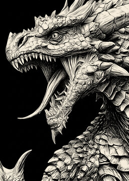 Roaring Dragon Head Profile with Sharp Teeth High Contrast Ink Sketch