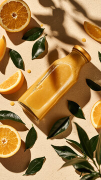 Golden orange juice in a glass bottle with fresh whole and sliced oranges, green leaves, and warm sunlight creating a vibrant summer composition.