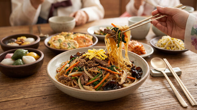 Japchae, stir-fried glass noodles and vegetables Korean cuisine.
