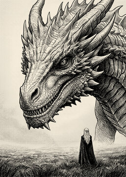 Fierce Fantasy Dragon Face Portrait Gothic Pencil Sketch Art