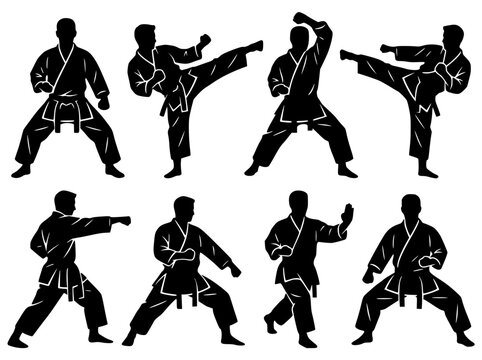 Karate martial arts fighter silhouettes set in various combat poses and fighting stances.