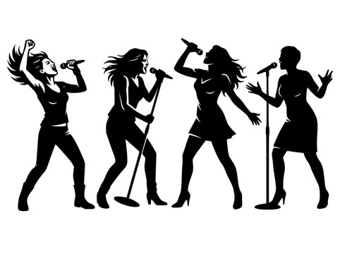 Set of female singer silhouettes performing with microphones on stage