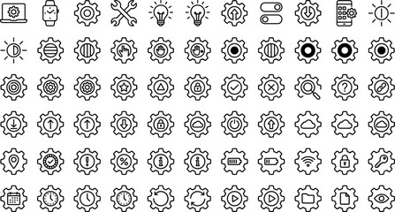 Fototapeta premium Settings and Options Icon Set with Gear, Wrench, Light Bulb, Battery, Lock, Cloud, and System Control Symbols for Interface Designs