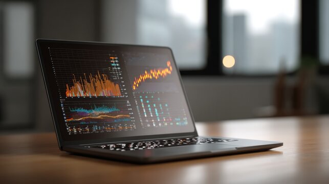 Close-up view of a laptop displaying business graphs, analytical charts, diagrams, project schedules, and data visualization on a table in an empty modern office, representing business planning, produ