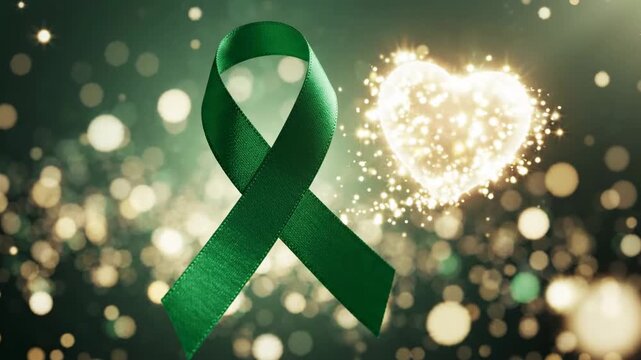 Green awareness ribbon and glowing heart with bokeh lights, symbolizing hope and support, perfect for causes and campaigns