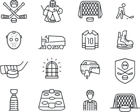 Ice Hockey Sport Line Icon Set with Equipment, Goal Net, Player, Referee, Mask, Trophy, and Rink Elements for Website and App Vector Designs