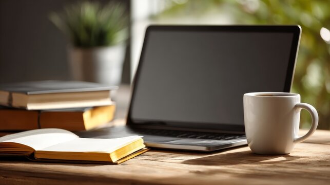 Business laptop computer mockup with coffee and book on a modern business table, professional workspace setup for office productivity, digital technology, work planning, corporate communication, entre
