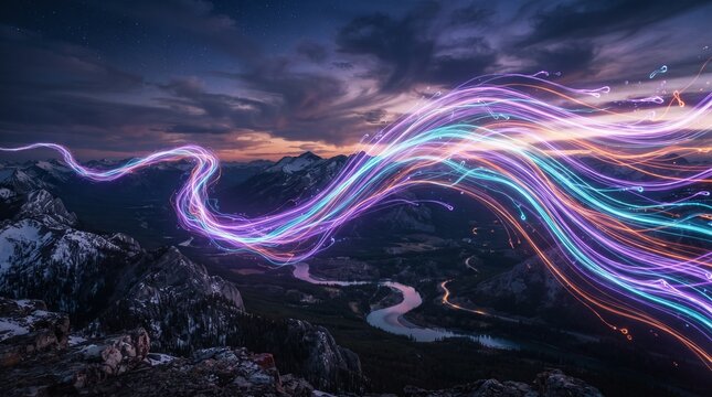 A breathtaking long exposure digital art composition featuring vibrant neon light trails streaming across a dark, dramatic mountain landscape under a twilight sky with a winding river valley below.