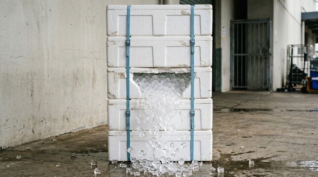 Broken white styrofoam shipping box spilling clear ice cubes onto wet concrete floor